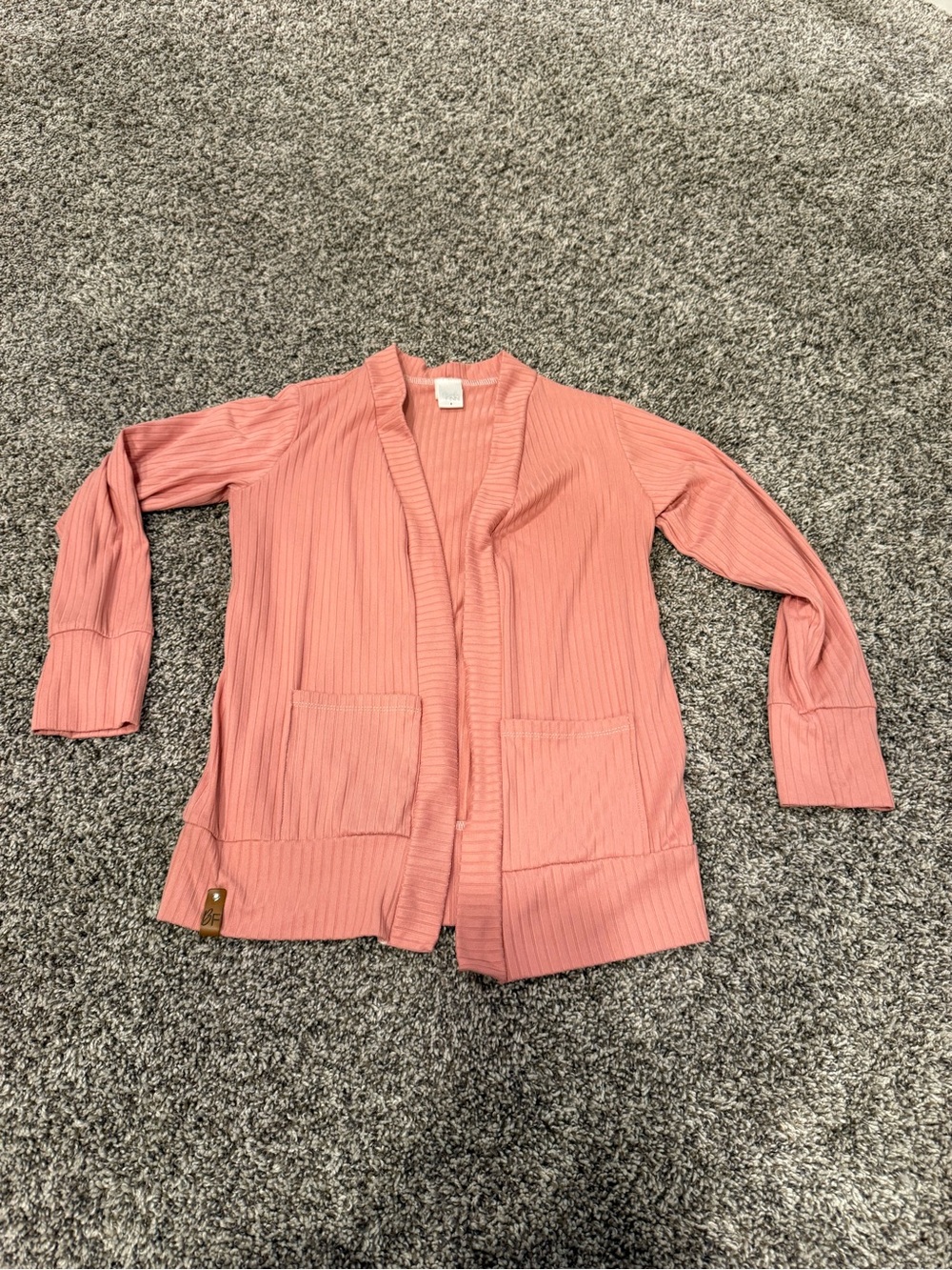 Brooke + Finn Girls Size 6 Pink Ribbed Open Front Cardigan Pocket Made USA
